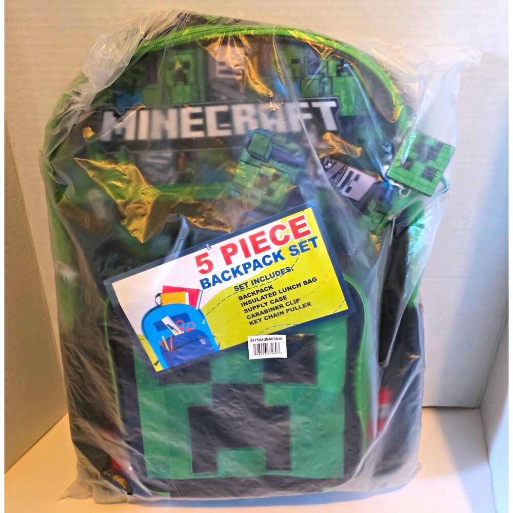 Minecraft Creeper 5 Piece Backpack Set Green/Black Polyester Zip Pockets NEW